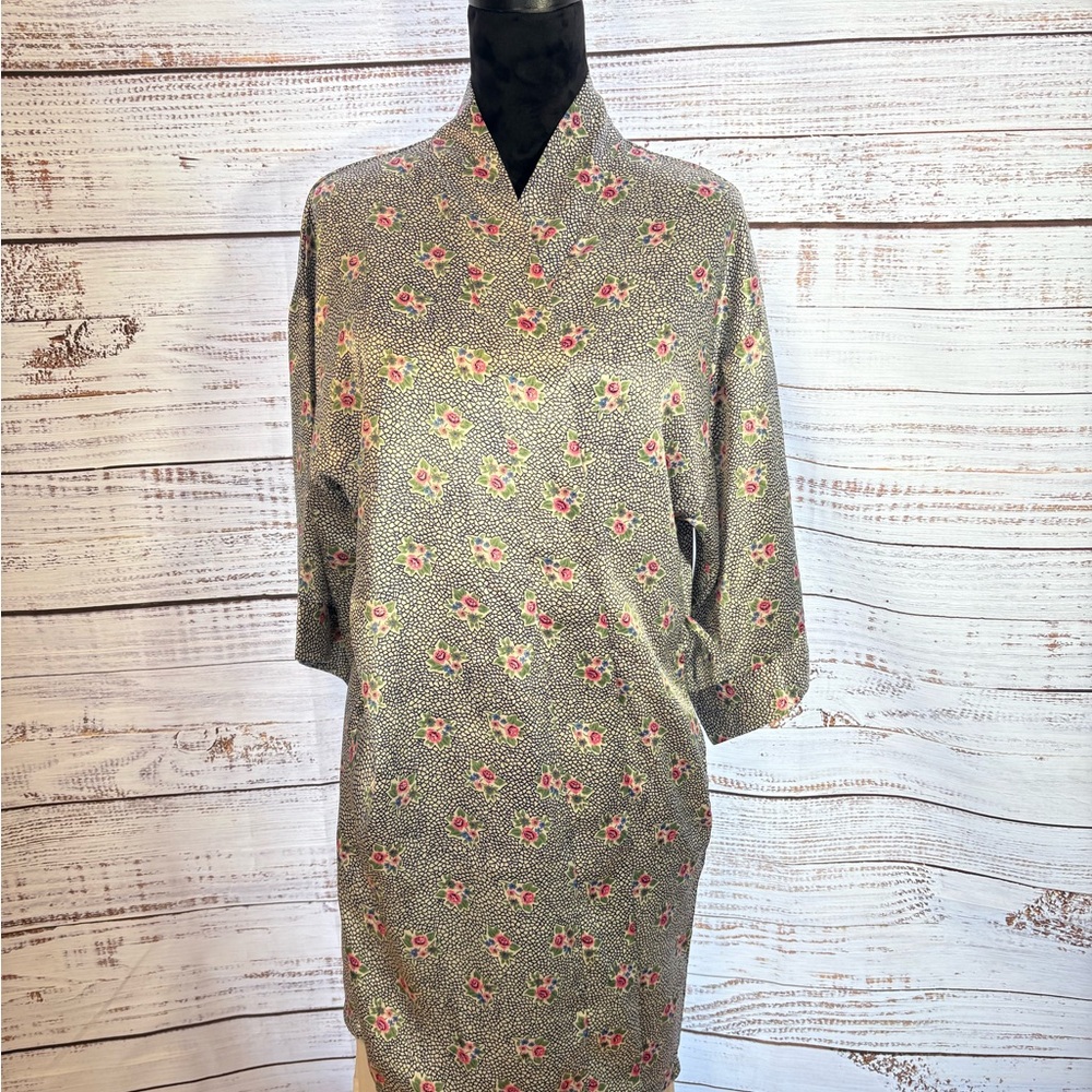 Kathryn silk robe/ navy & white base with pink and blue floral print- long sle